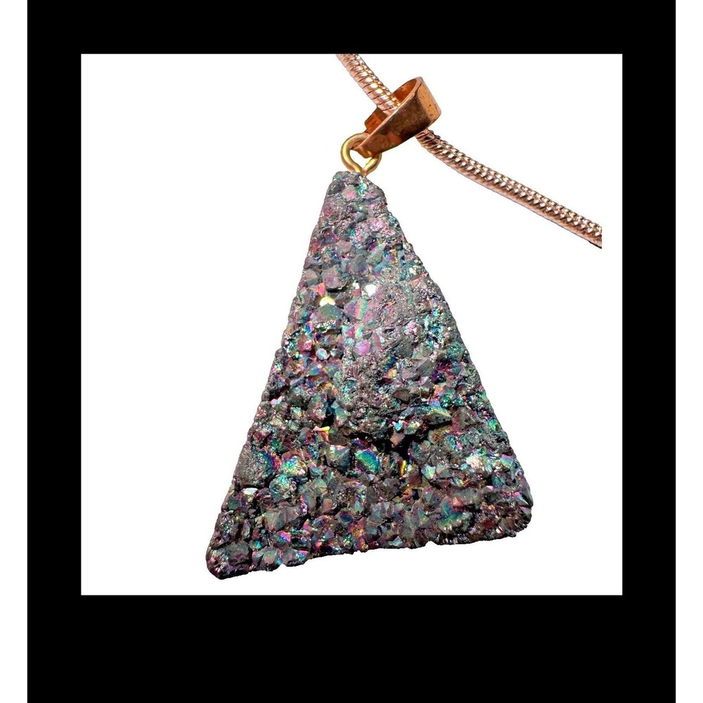 Iridescent Rainbow Druzy Quartz Triangle Pendant Necklace Rose Gold TONE Chain